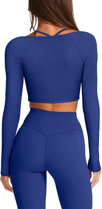 LASLULU Womens Sexy Square Neck Crop Top Ribbed Seamless Long Sleeve Workout Tops Halter Neck Athletic Yoga