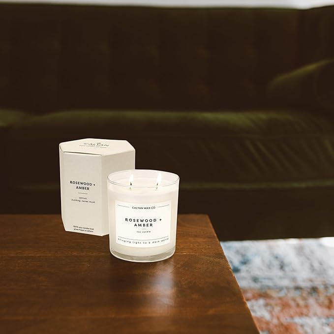 Calyan Wax Co. Rosewood & Amber 2 Wick Scented Candle - 37 Hour Burn - Luxury Non Toxic Soy Wax Candles - Long Lasting Large Glass Jar Candle for Home - 8.8oz