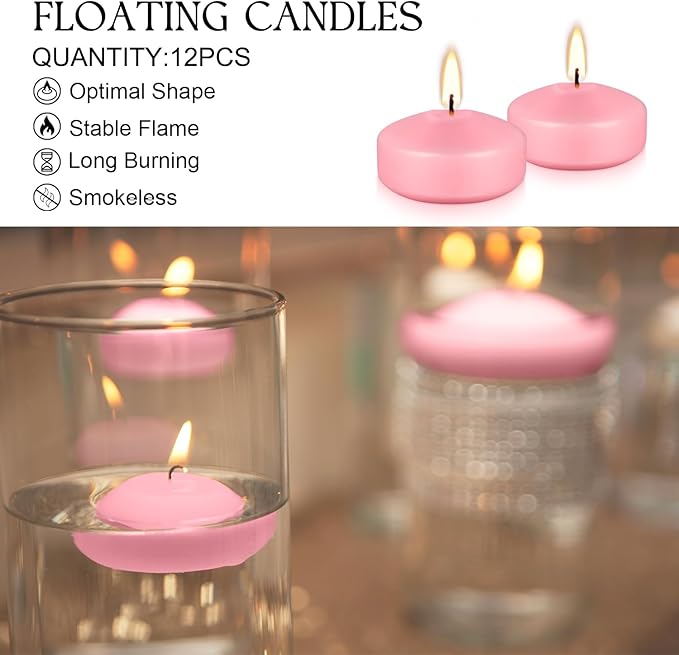 12 pcs 2-inch Floating Candles, Pink, smokeless and unscented, Burns continuously for 5-6 Hours, be Good for Holidays, Weddings, Vacations, and Home décor