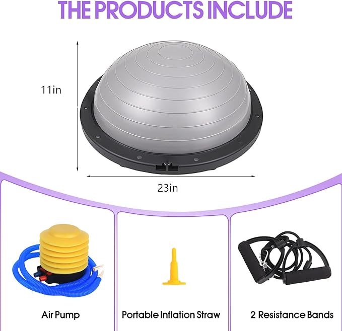 Half Balance Ball Trainer, 26 inch Stability Ball with Resistance Bands, Exercise Ball with Foot Pump, Gray