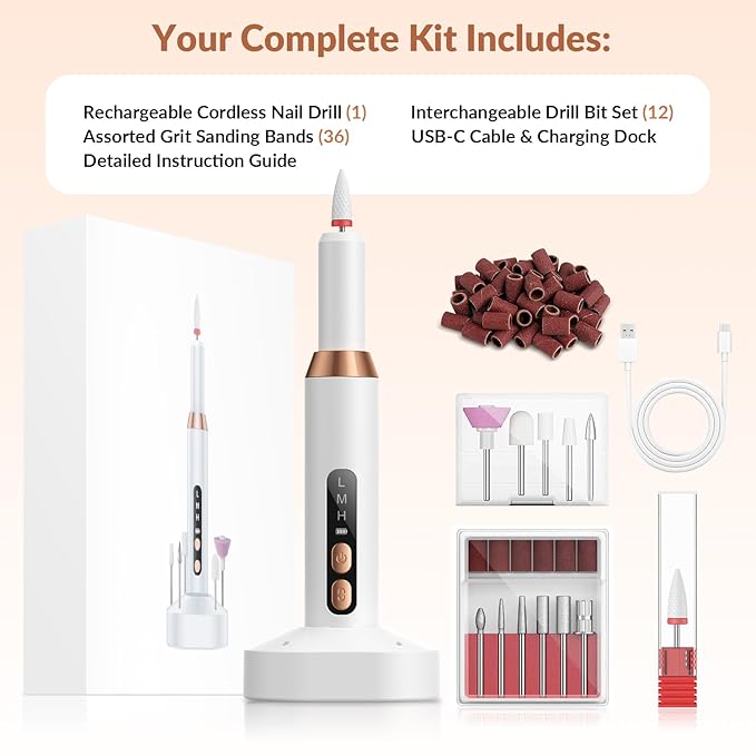 Portable Electric Nail Drill Professional - 30000RPM Cordless Electric Nail File, Manicure Pedicure Kit for Acrylic Nails & Gel Polish Removal, Rechargeable with 12 Drill Bits for Salon and Home