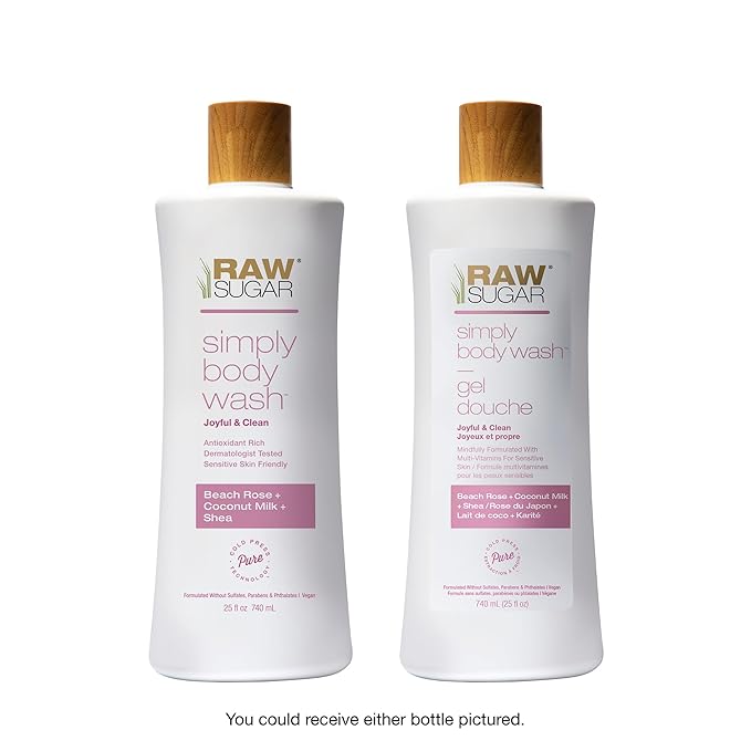 RAW SUGAR Simply Body Wash, Beach Rose + Coconut Milk + Shea (25 Fl Oz, Pack of 1) Sensitive Skin Bath Soap, Formulated without Sulfates & Parabens