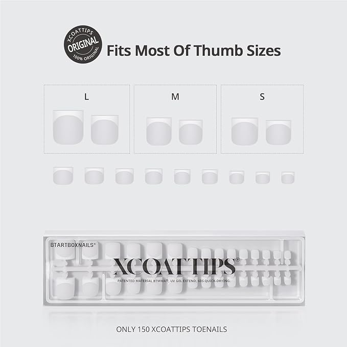 BTArtboxnails XCOATTIPS Toe Nail Tips - Lamp-Curable Real Square White Press On Toenails for Women, 150 Soak Off French Tip Toe Nail Extensions in 15 Sizes, Builder Gel & Top Coat Required