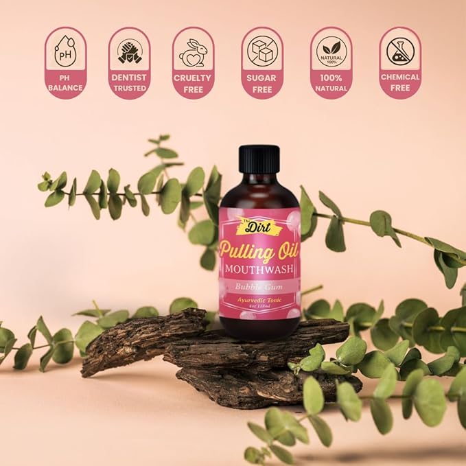 THE DIRT Oil Pulling Mouthwash - Gluten Free - Removes Plaque, Tartar, Bad Breath & Whitens Teeth (Bubblegum, 4 Ounce)