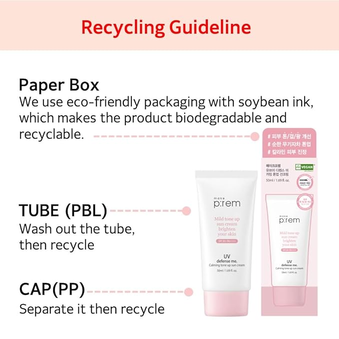 MAKE P:REM UV Defense Me. Calming Tone Up Sunscreen, Non-Nano Zinc Oxide, Reef Safe, Chemical Free, Non-Greasy, SPF 50, Korean Sunscreen,1.69 fl oz, 50ml