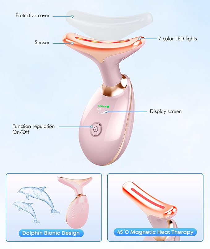 Red-Light-Therapy-for-Face-and-Neck, 7 Color Face Massager Tool for Wrinkles, Double Chin, Vibrating Facial Massager with Thermals for Skin Care, Glossy Pink