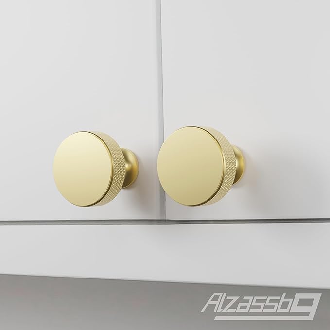 Alzassbg 10 Pack Gold Cabinet Knobs, 1.2 Inch(30.5mm) Diameter Knurled Cabinet Knobs of Metal Kitchen Round Handles Hardware for Carbinet and Drawer AL6067ABG