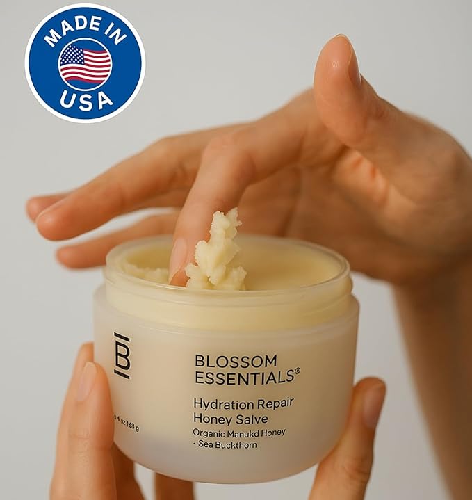 Blossom Essentials Honey Salve - Nut Free - Organic Manuka Honey Hydration Repair - Eczema Relief for Dry, Itchy, Sensitive Skin - Soothing Moisturizer & Balm for Kids, Adults - Made in USA - 4oz