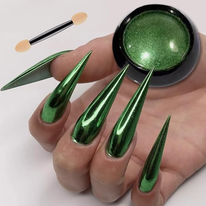 Holographic Mirror Green Chrome Nail Powder Effect Pure Metallic Dust Sequins UV Green Gel Nail Chrome Powder for Nails Art Decoration