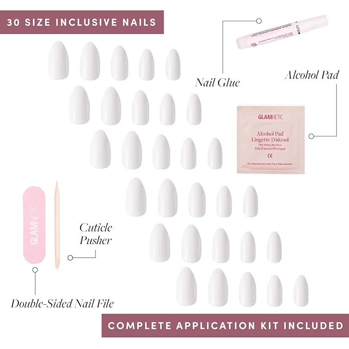 Glamnetic Press On Nails - Angel | Opaque White Short Almond Nails, Salon Quality | 12 Sizes - 24 Nail Kit