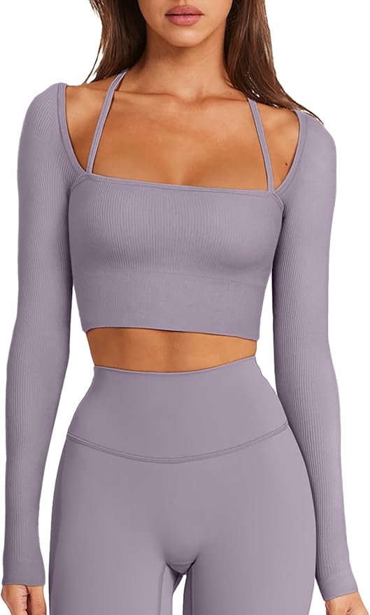 LASLULU Womens Sexy Square Neck Crop Top Ribbed Seamless Long Sleeve Workout Tops Halter Neck Athletic Yoga