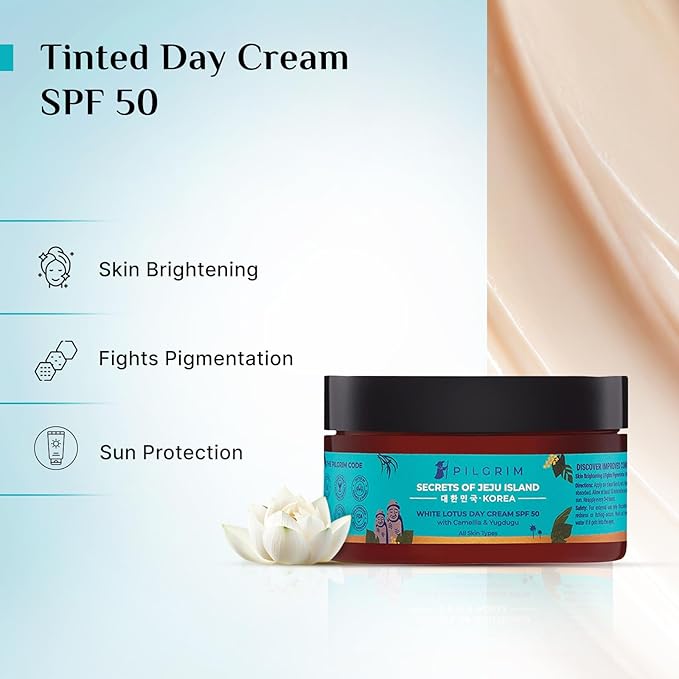 Pilgrim Glowing Skincare Combo: Korean White Lotus Day Cream SPF 50 (PA+++) & 15% Vitamin C Serum (20ml) | With Ferulic Acid & Australian Kakadu Plum | Hydrates, Evens Tone & Fights Pigmentation