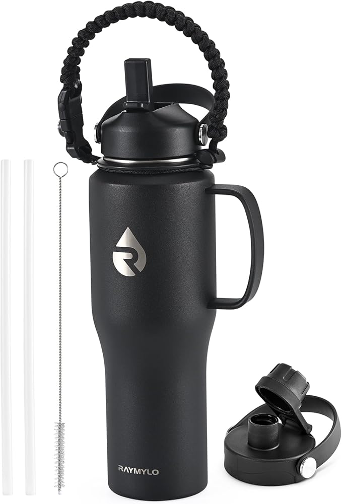 32oz Stainless Steel Water Bottle (Cold for 48 Hrs, Hot for 24 Hrs), Triple Wall Vacuum Insulated Water Bottle with Straw Lid, Spout Lid and Paracord Handle, Leakproof, Fit in Any Car Cup