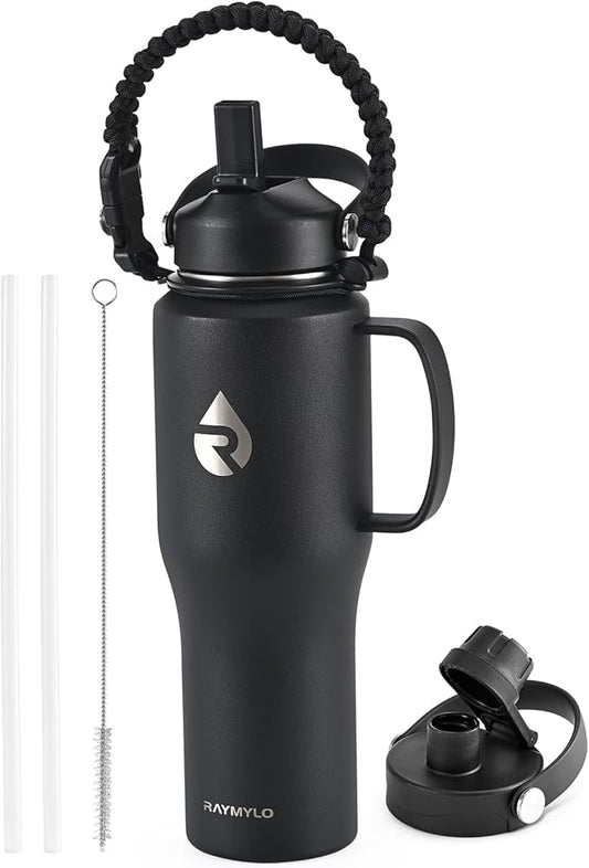 32oz Stainless Steel Water Bottle (Cold for 48 Hrs, Hot for 24 Hrs), Triple Wall Vacuum Insulated Water Bottle with Straw Lid, Spout Lid and Paracord Handle, Leakproof, Fit in Any Car Cup