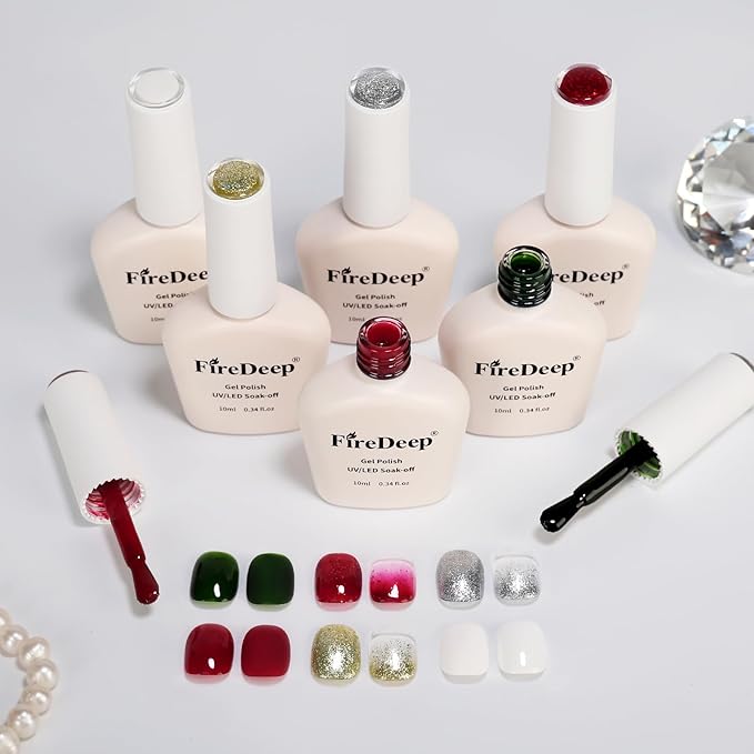 10ml Hema Free Gel Nail Polish Set, 6 Colors Gel Polish Kit Christmas Red White Dark Green Color Glitter Sparkle Winter Manicure Gift for Women at Home DIY and Salon