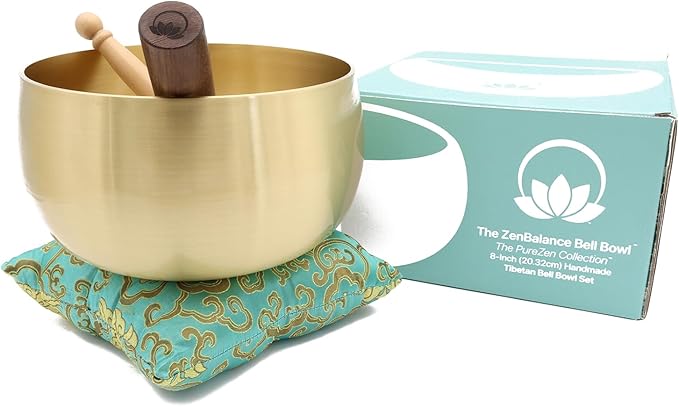 Tibetan Bell Bowl Set – 8-Inch Meditation Gong with Low Deep Singing Bowl Chime & High Vibrations - Tap to relax, Sound Healing with 2 Mallets & 1 Cushion, ZenBalance Bowl - Lotus Edition by CircleUp