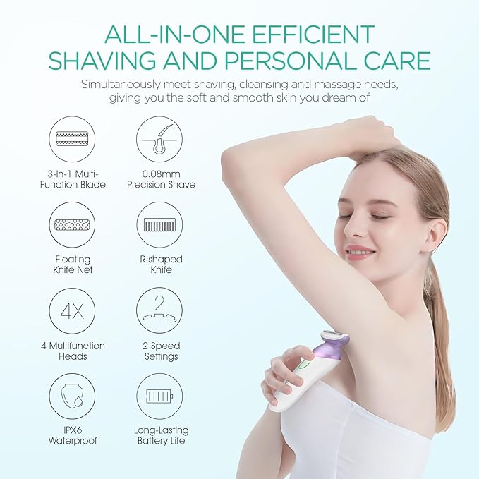 VOYOR Electric Razors for Women 4 in 1 Bikini Trimmer, Foil Shaver for Women 4 Replacement Heads for Body, Pubic Hair Trimmer, Cleansing, Massage 2 Adjustable Speeds Rechargeable Shaver ES501 (Purple)