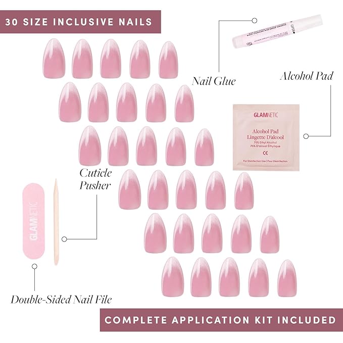 Glamnetic Press On Nails - Lovers Blush | Opaque, Glossy Velvet Pink Nails, Salon Quality | 15 Sizes - 30 Nail Kit with Glue