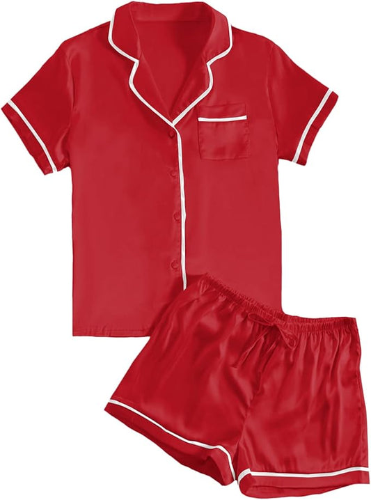 LYANER Women's Satin Silky Short Sleeve Button Shirt Sleepwear 2Piece Pajama Set