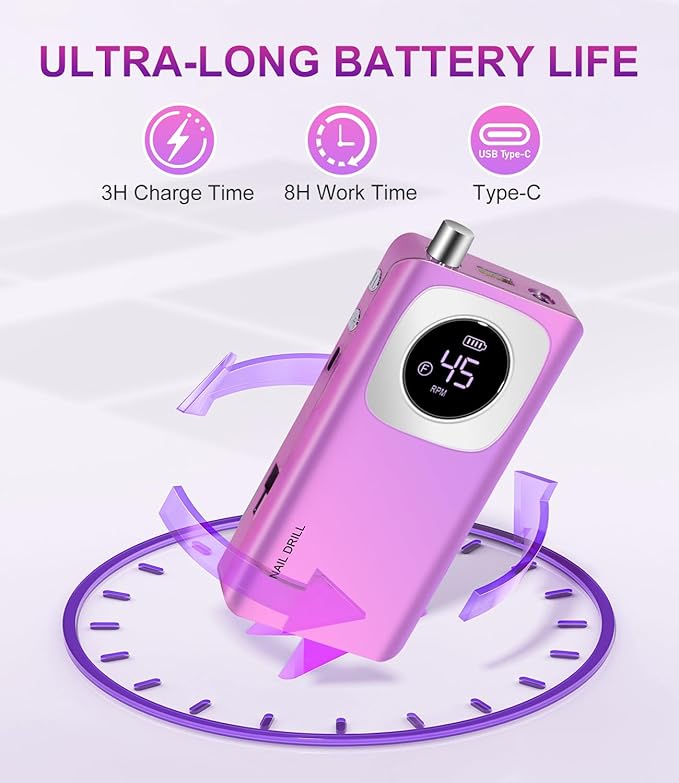 Electric Nail Drill Professional, 45000 RPM Rechargeable Nail Drill Kit, Electric Nail File for Acrylic, Manicure & Pedicure & Polishing Tools for Home Salon, Pink