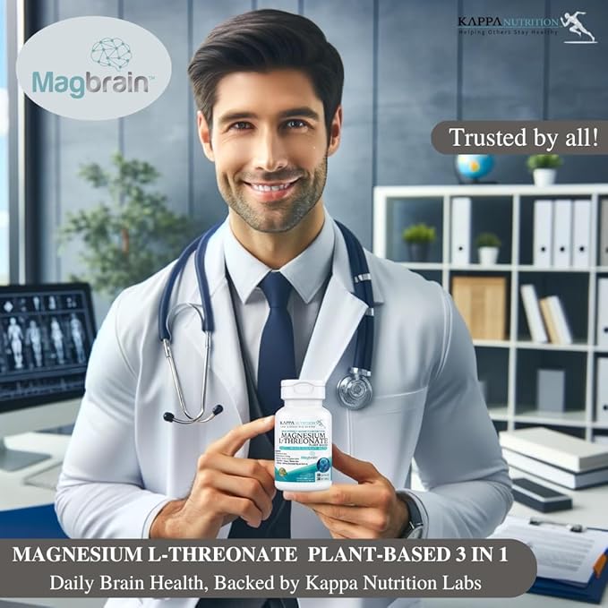 Kappa Nutrition Powered by Magbrain™ Magnesium L-Threonate Plant-Based, 420mg Elemental Magnesium (3 Capsules) from 2,253mg, 60 Vegan Capsules, Brain, Sleep & Muscle Support.