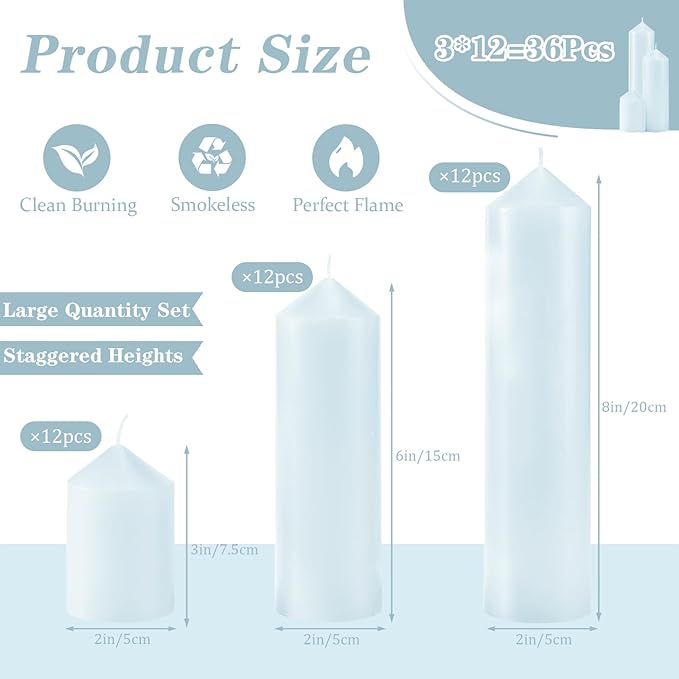 36 Pcs Blue Pillar Candles Bulk Set，Hurricane Candles，3 Different Lengths (12 Each)，Dripless Unscented Smokeless，Gives You a Better Atmosphere When Organizing Wedding or Event Party.