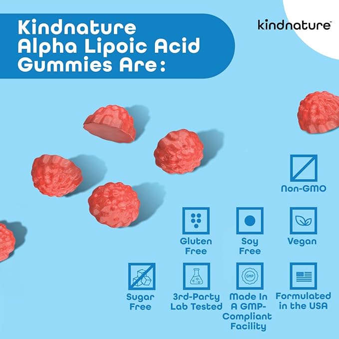 kindnature Alpha Lipoic Acid Gummies - Neuropathy Supplements - Vegan, Sugar-Free, Low Calorie 600 mg ALA Supplement - Pure ALA Alpha Lipoic Acid 600mg for Antioxidant Nutritional Supplements