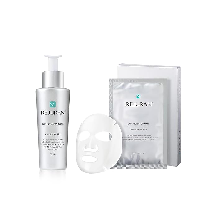 REJURAN® c-PDRN® Korean Skin Care Bundle – Turnover Ampoule Serum (1.01 fl oz) & Skin Protection Hydrating Sheet Mask (5-Pack) for Firming, Soothing & Repairing Irritated Skin with Salmon DNA