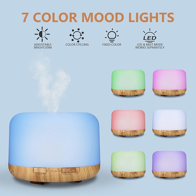 500ml Essential Oil Diffusers, Aromatherapy Diffuser with 2 Mist Mode 4 Timers＆7 Ambient Light Waterless Auto Off for Diffusers Large Room Home Office（15x5mL）
