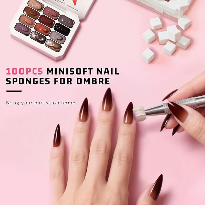 Sponge Pat Gel Nail Polish Palette, 12 Colors Blending Ombre Gel Polish Gradient Painting Nails Art, No Wipe, UV/LED Cured, 100Sponges 6Brushes 1Grabber (Set 01)