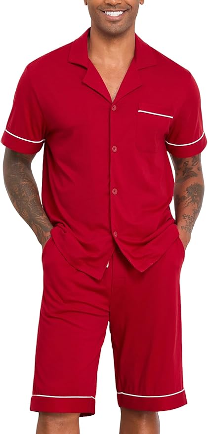 COLORFULLEAF Men's 100% Cotton Short Sleeve Pajama Sets Button Down Notched Collar Sleepwear Soft Lounge Pjs with Pockets