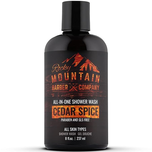 Rocky Mountain Barber Company Cedar Spice All-In-One Body Wash – Shampoo, Body Wash, Conditioner, Face Wash & Beard Wash with Essential Oils - 8 oz