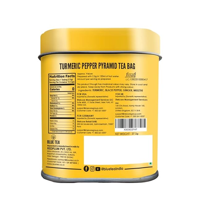 BLUE TEA - Turmeric Tea - Pepper - 30 Count - Pyramid Plant Based Tea Bag | CURCUMIN RICH - HERBAL BLEND | Herbal Tea - Caffeine Free - No Sugar - Earthy Flavor - Healthy | Tin Pack (Pack of 2)