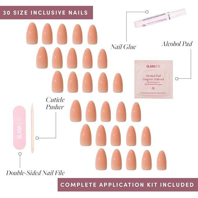 Glamnetic Press On Nails - Sheer Peach | Medium Almond Fake Nails, Sheer Peach Pink Neutral, Salon Quality | 15 Sizes - 30 Nail Kit Wtih Glue