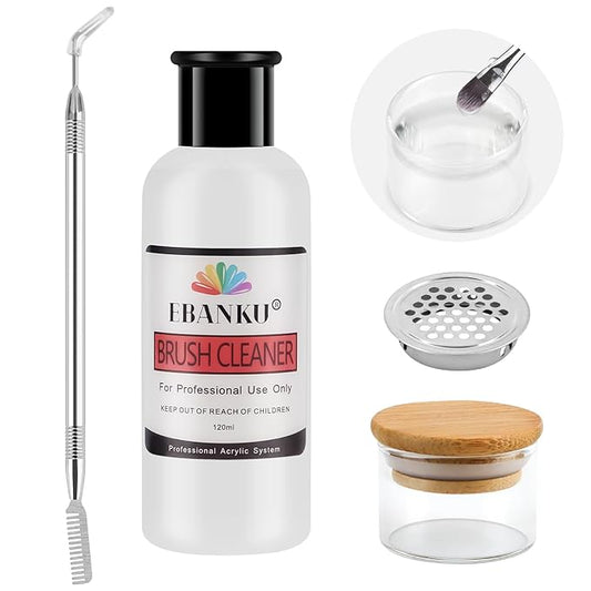 EBANKU 120ml Acrylic Nail Brush Cleaner, 3 in 1 Nail Art Brushes Conditioner Nail Brush Clean Solution Quickly Clean With Glass Cup and Scrub Brush for Solid Gel Polish/Nail Extension Gel