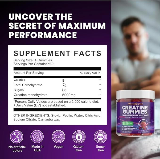 Sugar Free Creatine Gummies 5000mg — 22% More Strength, 7X Energy, 3X Absorption & Muscle Recovery, Cognitive Health — 99.9% Pure Vegan Creatine Monohydrate Gummies for Men and Women (30-Day Supply)