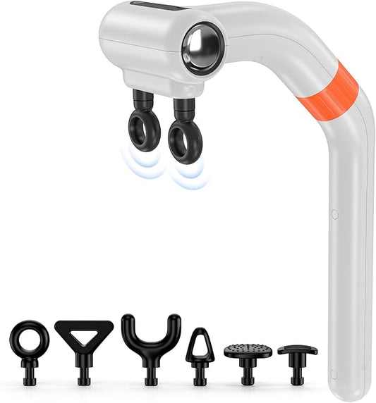 Dual-Head Massage Gun with Extension Handle, 3-in-1 Detachable Handheld Percussion Muscle Massager for Back Neck Shoulder Body Deep Tissue Pain Relief - 6 Speeds Levels (Gray)