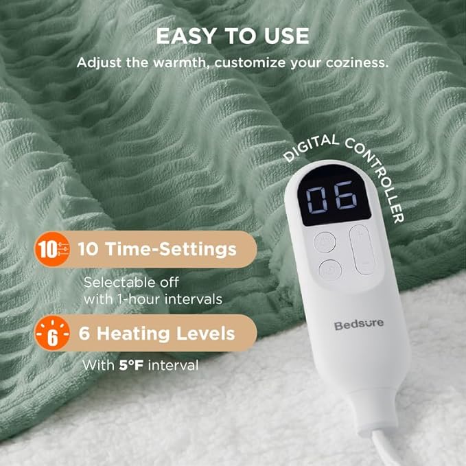 Bedsure GentleSoft Electric Blanket Full Size - Soft Ribbed Flannel Heated Blanket with 6 Heat Settings, Heating with 10 Time Settings, 8 hrs Timer Auto Shut Off, Gifts for Grandma (72"x84", Green)