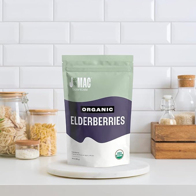 J Mac Botanicals Certified USDA - 100% Organic Dried Elderberries - 1lb Bulk - Non-Irradiated, Non-GMO, Whole Black Elderberry Immune Support - Raw Vegan Sambucus 1 Pound