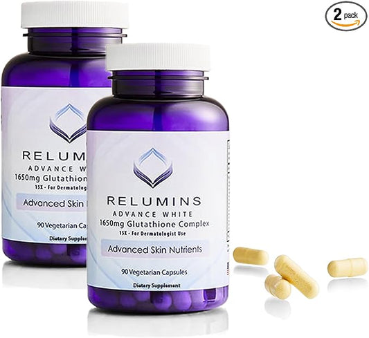Relumins L-Glutathione Complex 1650mg - Antioxidant Support with Alpha Lipoic Acid, NAC, L-Methionine, Vitamin E, Skin Health Supplement, Made in USA - 90 Vegetarian Capsules x 2 Bottles