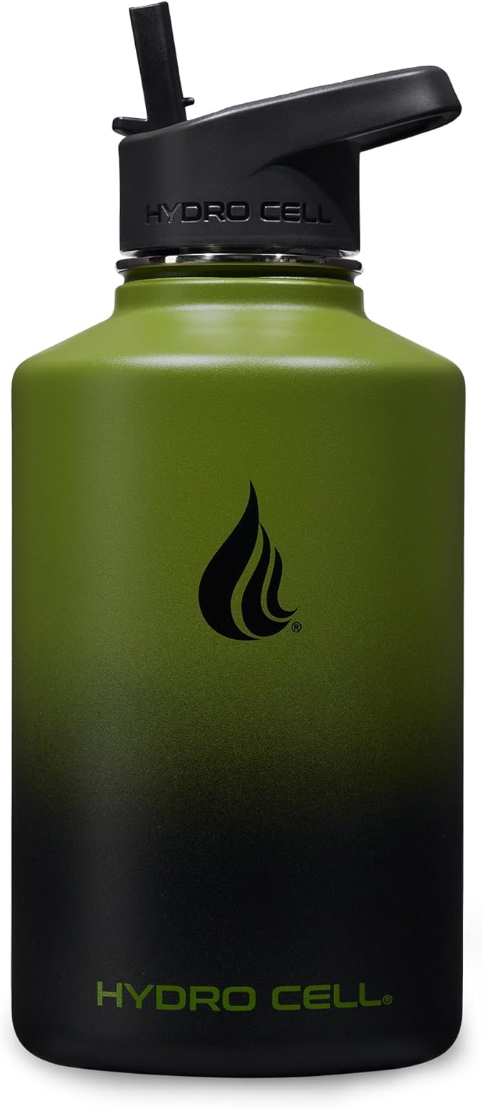 HYDRO CELL Stainless Steel Insulated Water Bottle with Straw - For Cold & Hot Drinks - Metal Vacuum Flask with Screw Cap and Modern Leakproof Sport Thermos for Adults (Army/Black 64oz)