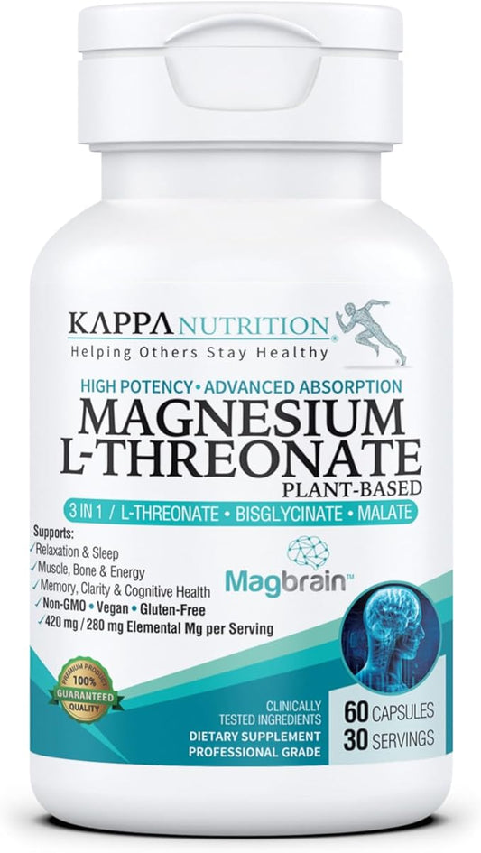 Kappa Nutrition Powered by Magbrain™ Magnesium L-Threonate Plant-Based, 420mg Elemental Magnesium (3 Capsules) from 2,253mg, 60 Vegan Capsules, Brain, Sleep & Muscle Support.