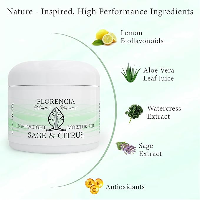 Florencia Sage & Citrus Lightweight Moisturizer - Oil-Free Hydrating Face Cream for Sensitive, Oily, Acne-Prone Skin - Plant-Based, Fast-Absorbing Moisturizer for Combination Skin