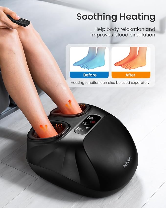 RENPHO Foot Massager Machine with Heat [2025 Upgraded], Shiatsu Foot Massager for Plantar Fasciitis, Birthday Gifts for Women, Wireless Control, Up to Size 14, BK