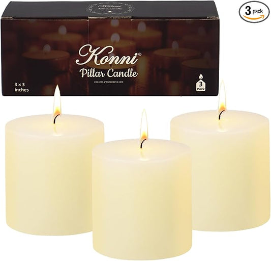 KONNI Ivory Pillar Candles Set of 3, 3"x 3" Unscented Pillar Candles Bulk, 30 Hours Long Burning Candles, Smokeless&Dripless Large Round Candle for Wedding, Home Decoration, Parties, Spas, Dinner
