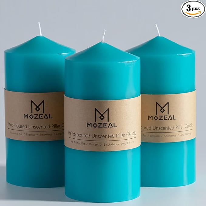 MOZEAL 3" x 6" Hand-Poured Unscented Turquoise Pillar Candles,Dripless Candles Set of 3,Long Lasting Burning,Approx 100 Hours Burn Time for Wedding,Dinner,Christmas and Home Decor