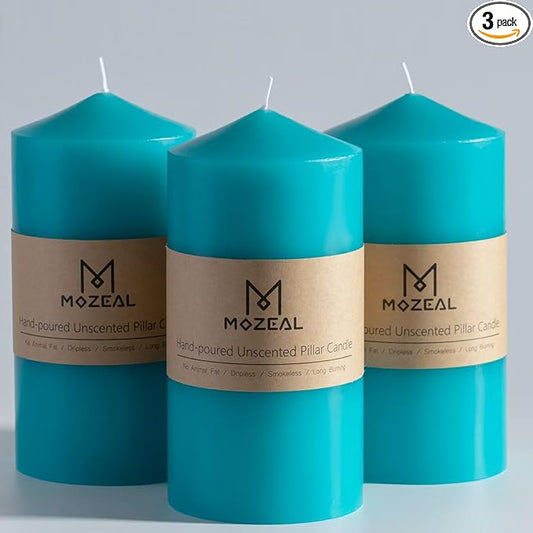 MOZEAL 3" x 6" Hand-Poured Unscented Turquoise Pillar Candles,Dripless Candles Set of 3,Long Lasting Burning,Approx 100 Hours Burn Time for Wedding,Dinner,Christmas and Home Decor