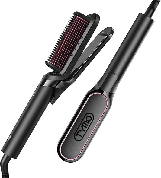 TYMO Flat Iron Hair Straightener Brush 2 in 1, 200M Ions Hair Straighteners for Women, Ceramic Dual Voltage Straightening Hot Comb for Anti-Frizz Straights, Waves, Curls, 3X Less Heat Damage, Black
