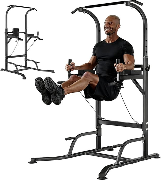 Power Tower Pull Up Bar Dip Station for Home Gym, Adjustable Height Strength Training Equipment with Resistance Bands and Grip Rope