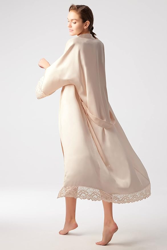 BABEYOND Satin Kimono Robe Silky Long Bridesmaid Wedding Lightweight Bath Robe with Lace Trim